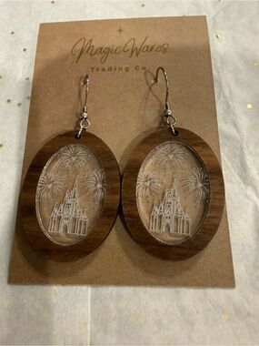 Brown Wood Oval Castle Earrings